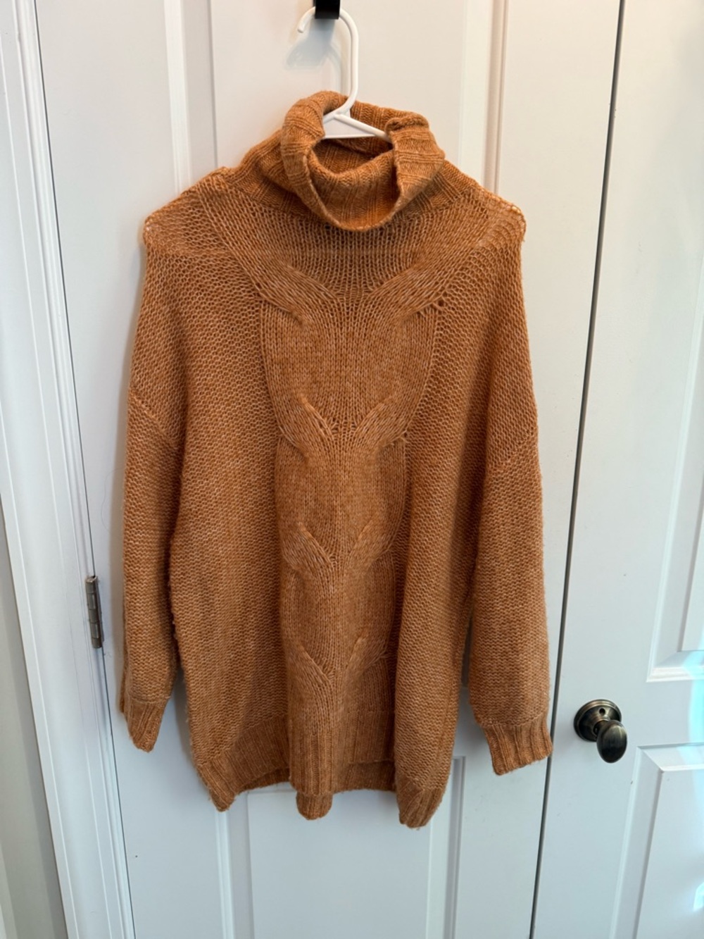aerie Cable-Front Cowl Neck Sweater in Camel Brown